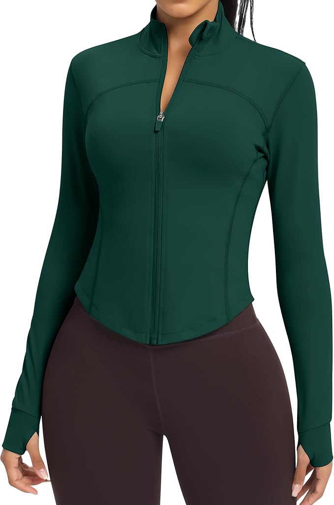 Women BBL Jacket Full Zip UP Workout Athletic Cropped Jacket wIth Thumb Holes Running Yoga Sports... | Amazon (US)