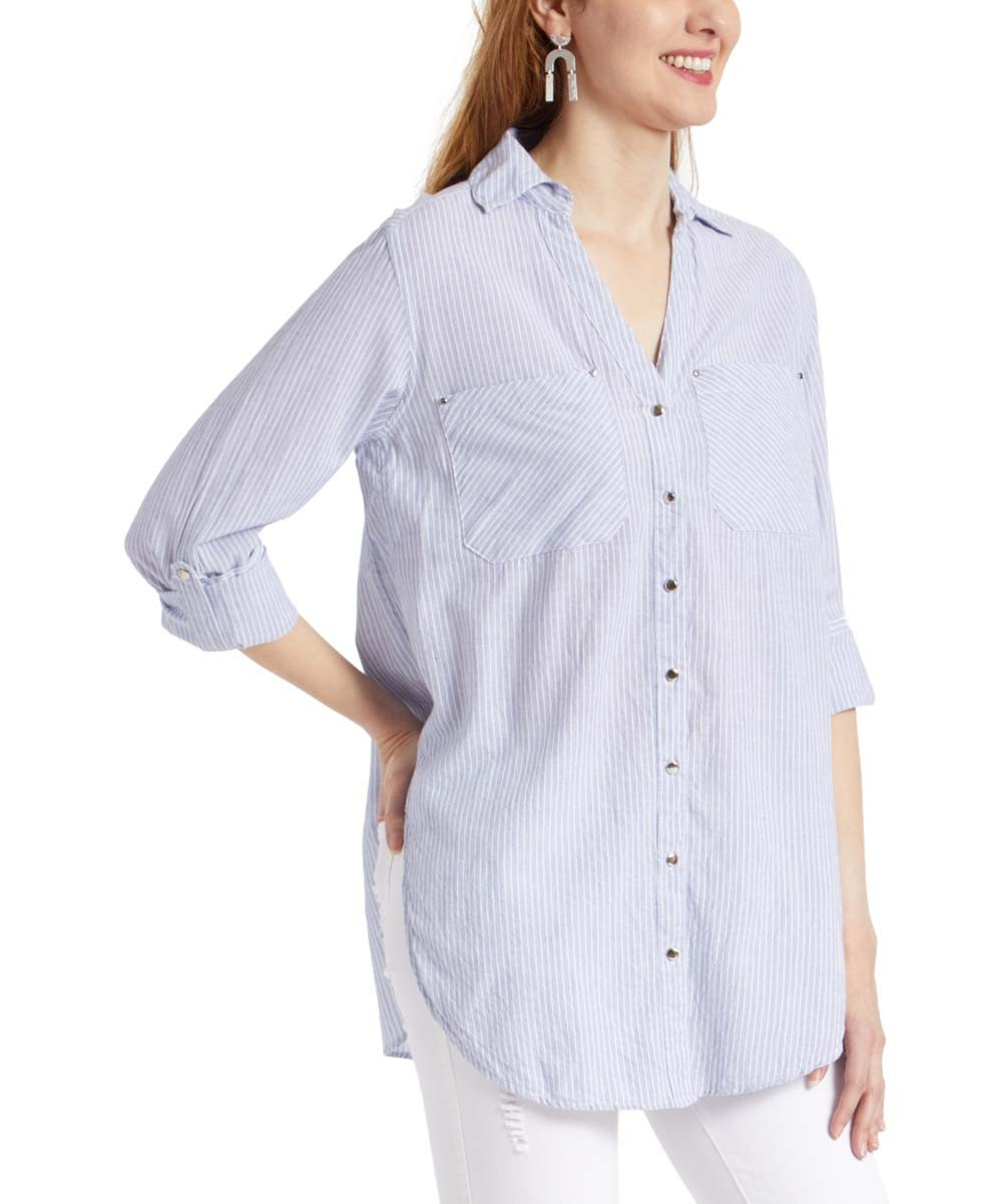 Thread Story Women's Button Down Shirts BLUE/WHITE - Blue & White Stripe Button Up - Women | Zulily