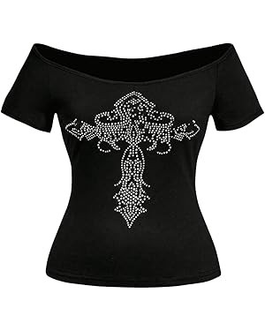 Milumia Women's Y2K Graphic Rhinestone Off The Shoulder Short Sleeve Crop Top T Shirts | Amazon (US)