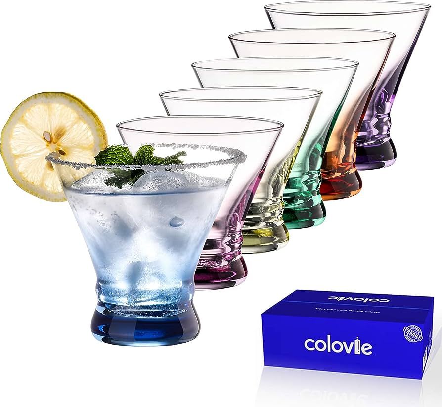 ColoVie Martini Glasses set of 6(8oz), Stemless, Colored, Cocktail Glasses, Margarita Glass, Shor... | Amazon (US)