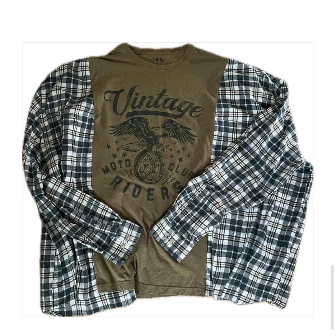 Vintage Moto Club Flannel Shirt, Upcycled, Oversized, Reworked - Etsy | Etsy (US)