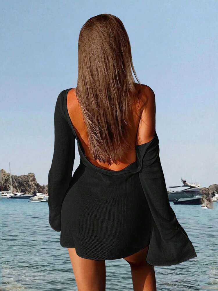 Women's Minimalist Sexy Sheer Lightweight Beach Vacation Bell Sleeve Backless Solid Color Fitted ... | SHEIN
