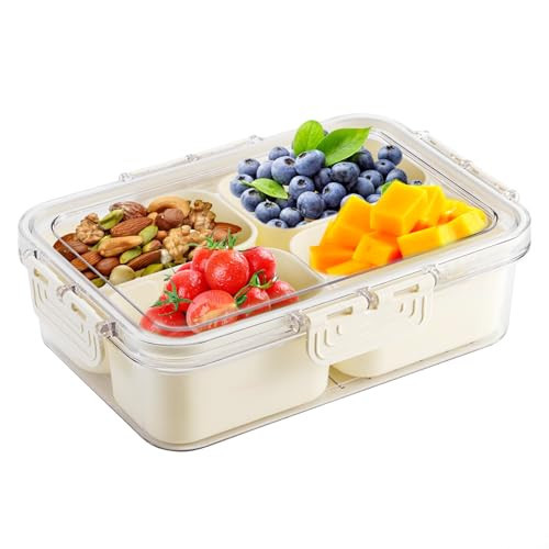 Tobiwibby Divided Serving Tray with Lid and Handle, Snackle Box Container mit 4 Compartments Clear Serving Platters and Trays,Snack Platters for Veggie Fruits Snacks Nuts, for Picnic Party Travel | Amazon (US)