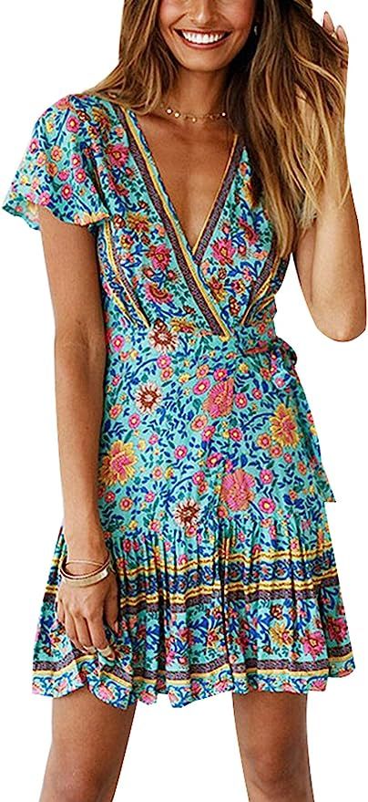 Temofon Women's Dresses Summer Bohemian Floral Printed Ruffle Hem Short Sleeve V-Neck Beach Mini ... | Amazon (US)