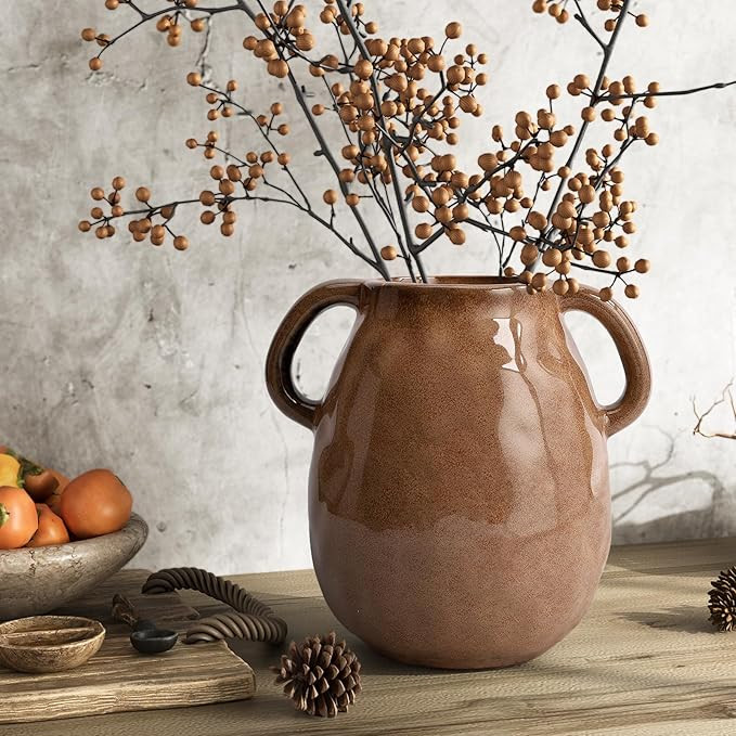 Antique Brown Ceramic Vase with Handles, Rustic Farmhouse Decor, 7 Inch Glazed Pottery Flower Vas... | Amazon (US)