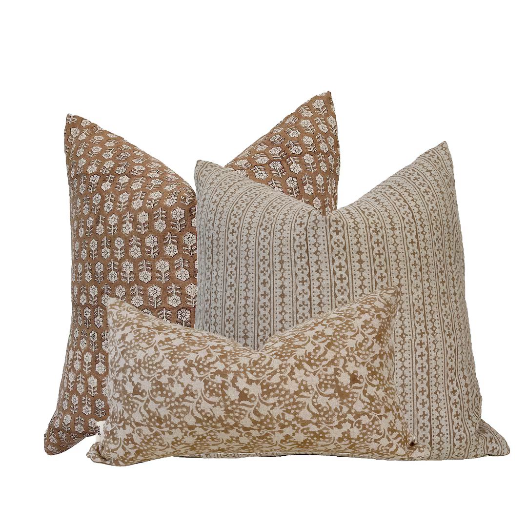block print linen pillow combos, camel color/ light brown floral natural linen pillows | Etsy (US)