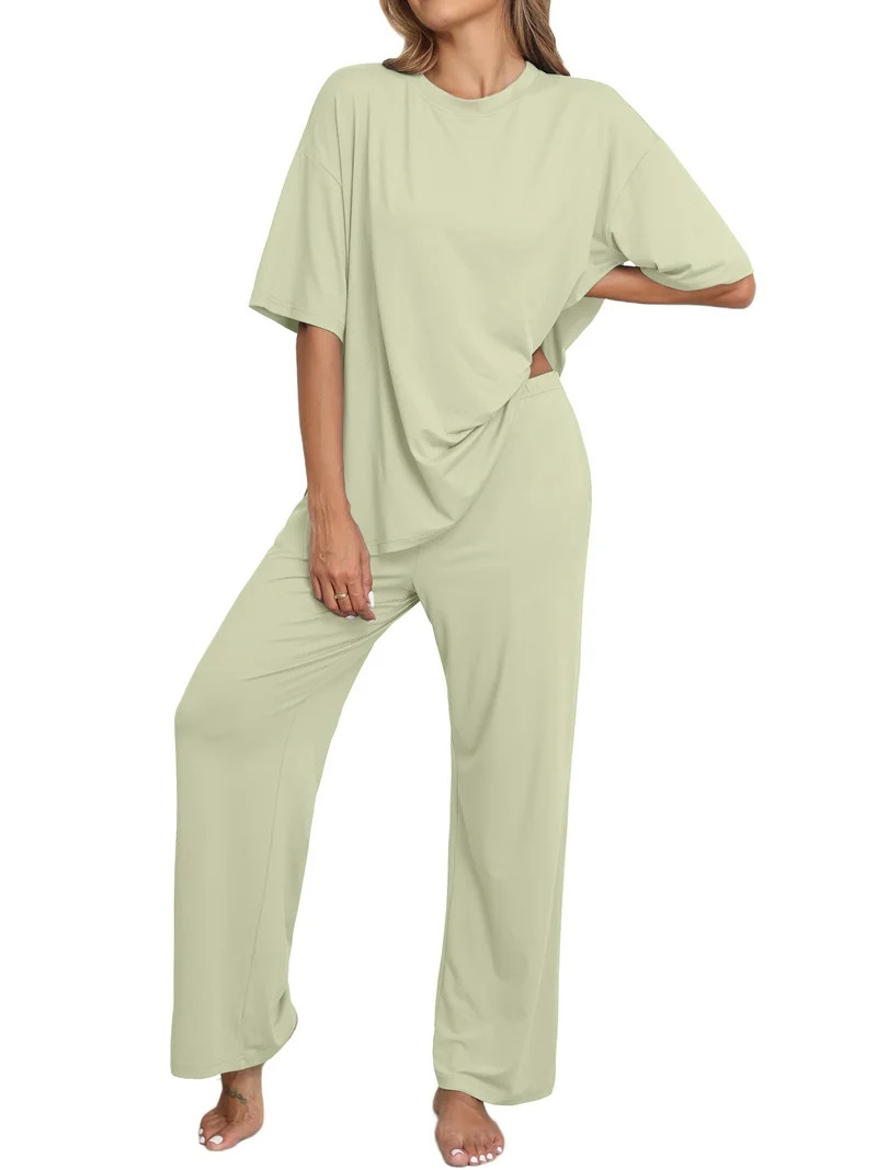 MINTREUS Lounge Sets for Women Knit Short Sleeve Tops and Long Pants Soft Comfy Pajamas Set Overs... | Walmart (US)