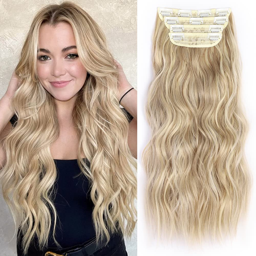 ALXNAN Clip in Long Wavy Synthetic Hair Extension 4PCS Thick Hairpieces Fiber Double Weft Hair for W | Amazon (US)