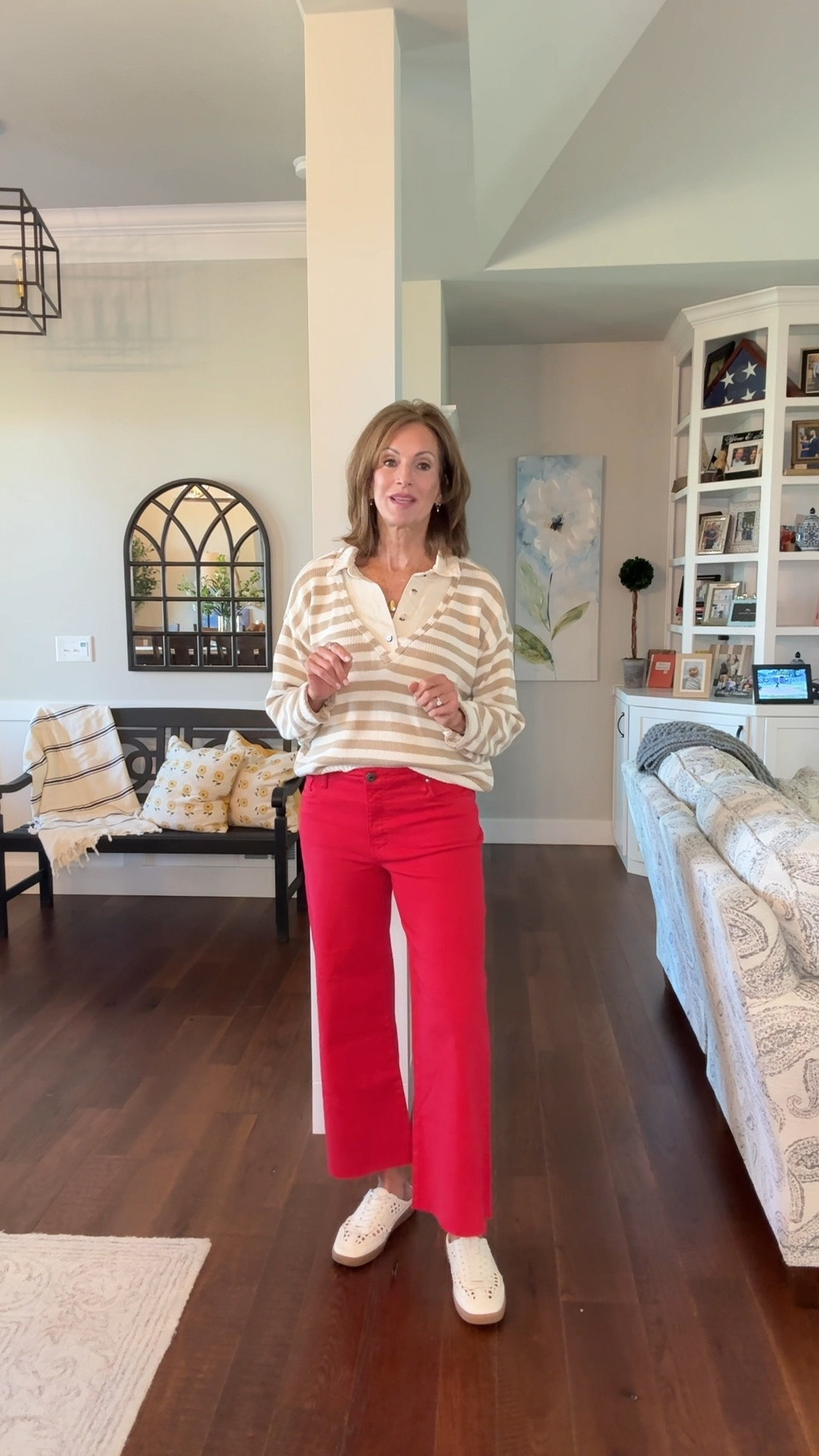 Twofer sweater / large 
It’s oversized so your true size should work 

Red crop wide leg jeans / 29 these have a lot of stretch so you may be able to size down if you’re between sizes. 

Water resistant jewelry! 
Love the sneaker loafers! 

Fall style

#LTKTall #LTKMidsize