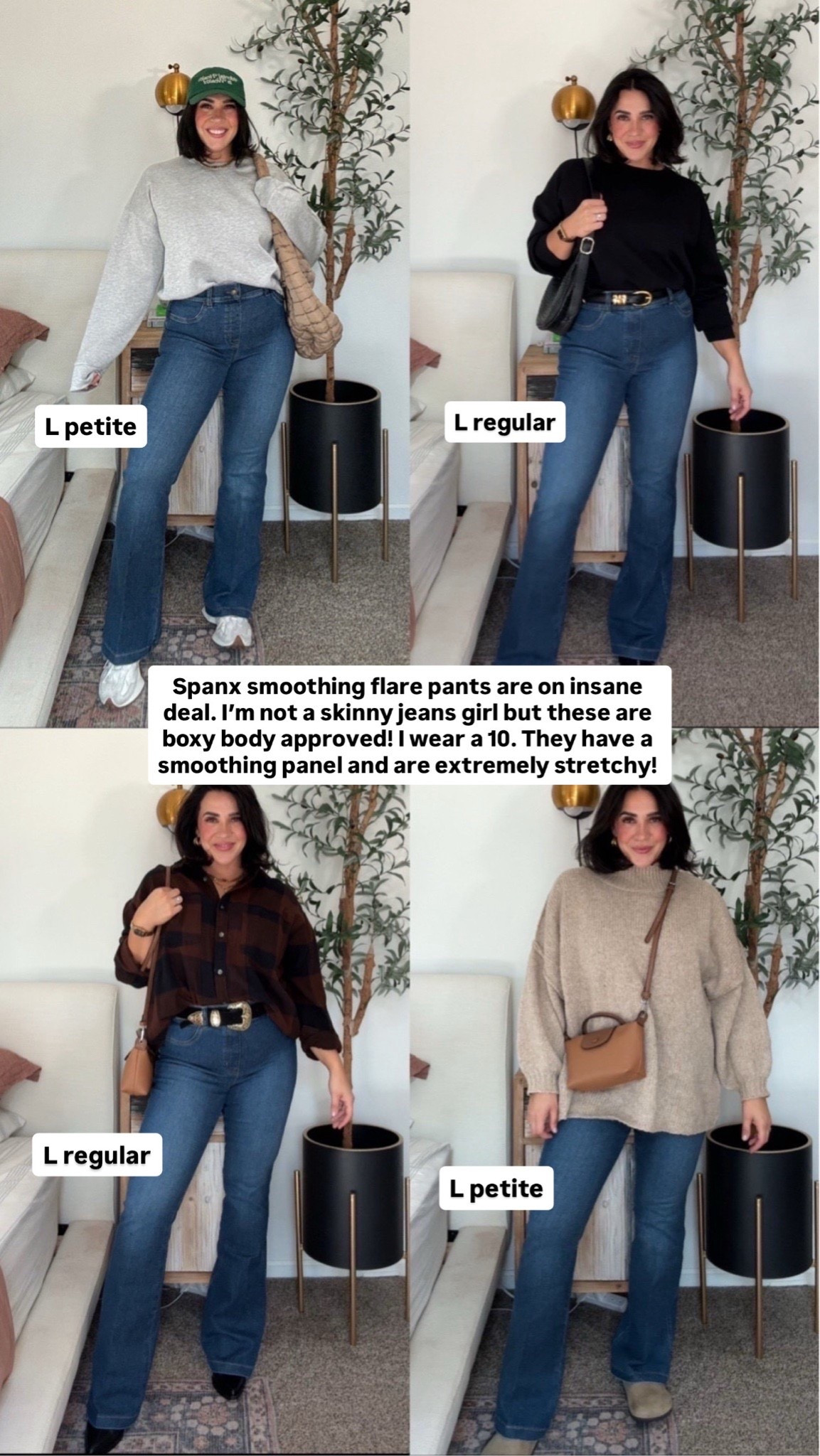 Spanx flare jeans on major deal! Only $41 in cart with code EXTRA30! My size 10 regular with a heel or petite with flats im 5’4 size 8/10. They’re very stretchy. 

Fall outfits, fall jeans, casual fall outfits, midsize fall denim