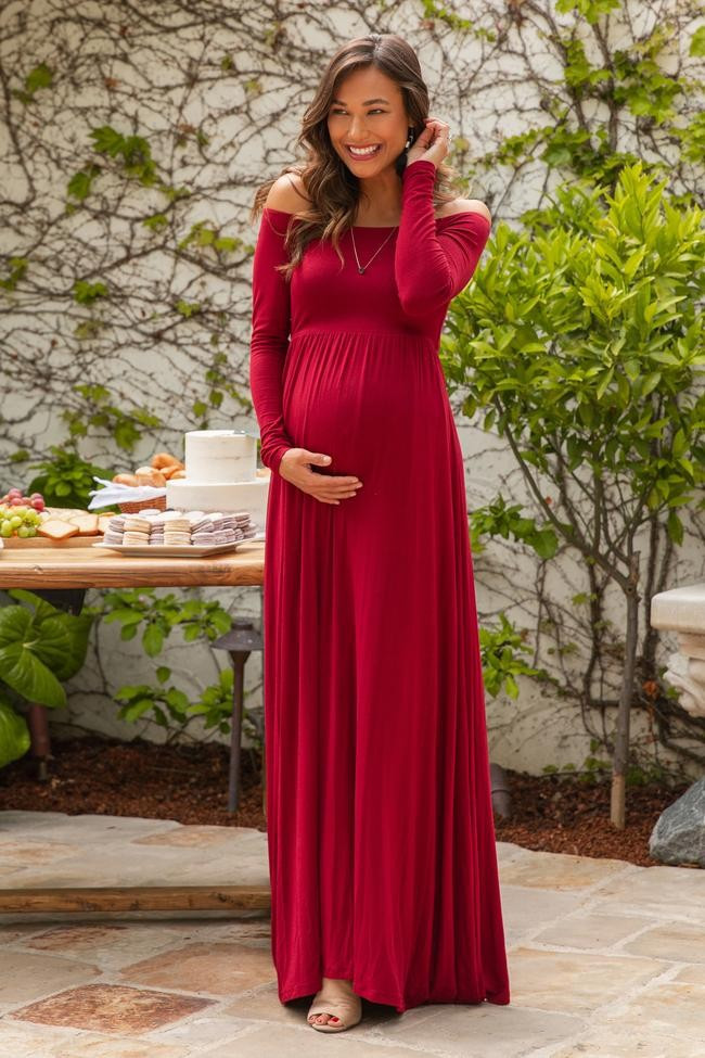 PinkBlush Burgundy Solid Off Shoulder Maternity Maxi Dress | PinkBlush Maternity