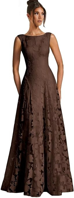 Floral Bridesmaid Dresses for Women Long Lace Scoop Neck Formal Dresses Jacquard Evening Party Go... | Amazon (US)