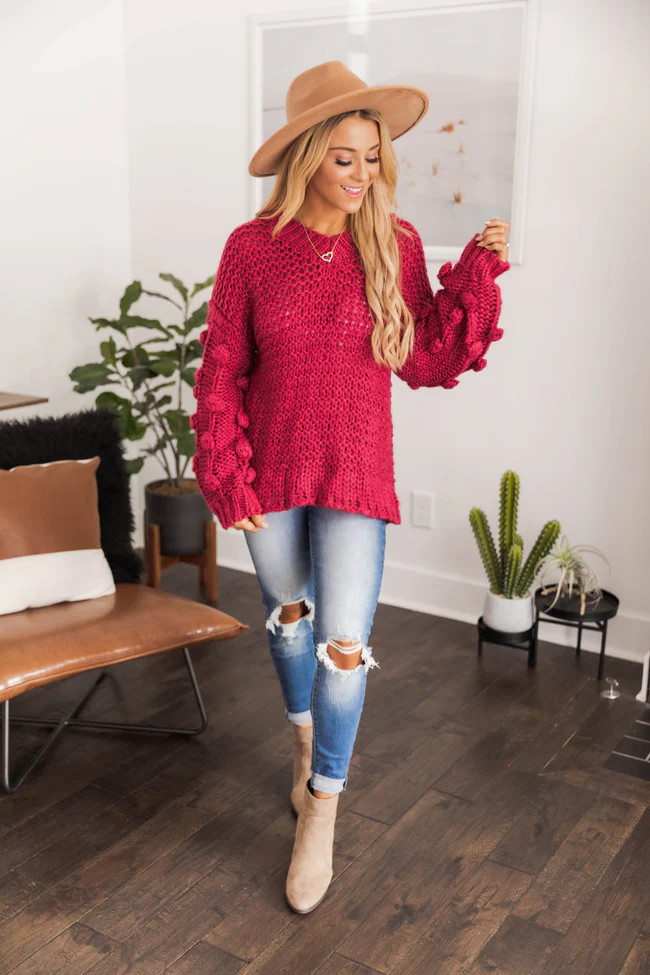 All Eyes On Me Burgundy Pom Sleeve Sweater DOORBUSTER | The Pink Lily Boutique