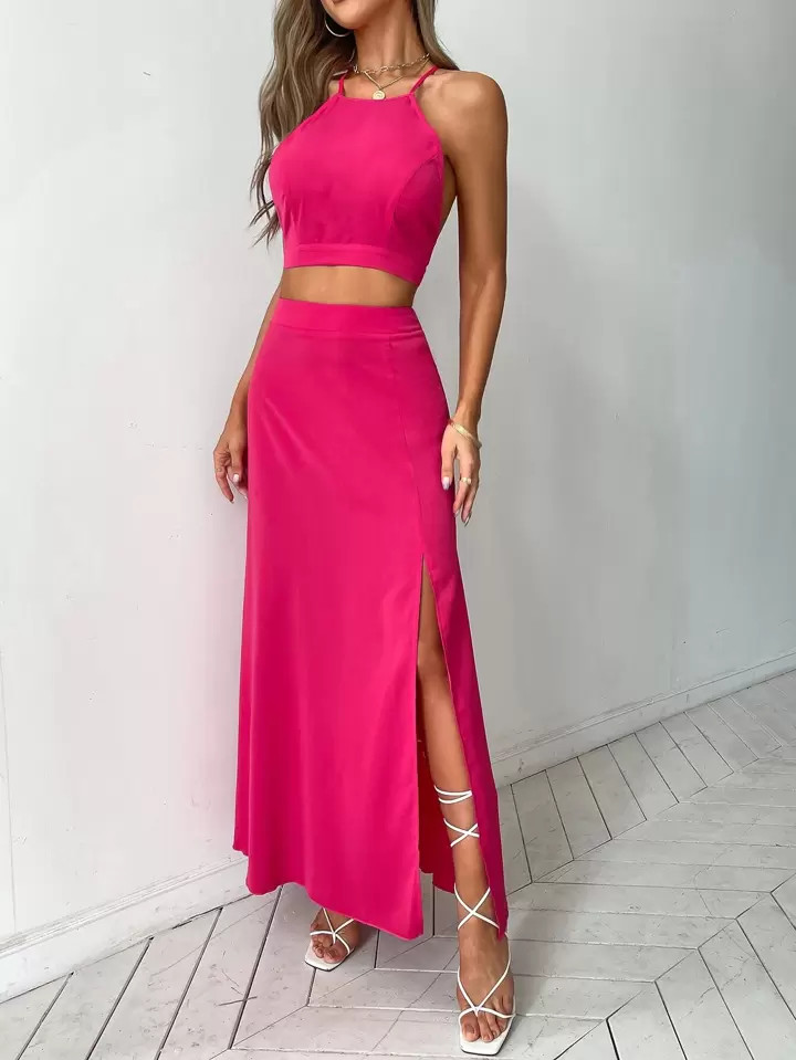 SHEIN VCAY Criss-cross Tie Backless Cami Top & Split Thigh Skirt | SHEIN