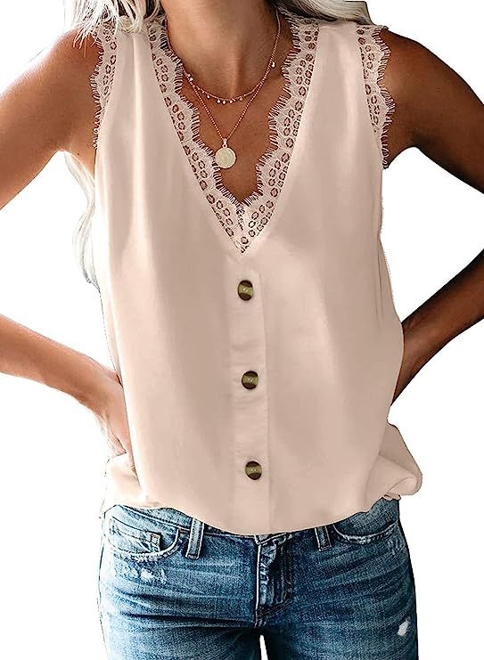 Uusollecy Women's V Neck Lace Trim Tank Tops Casual Loose Sleeveless Blouse Shirts | Amazon (US)