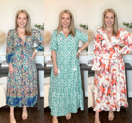 I’m wearing a medium in all 3 dresses at 3.5 months postpartum. The first one fits great but the other two are too big. 

Spring dress, Amazon, vacation outfit, spring outfit, Mother’s Day dress, wedding guest dress 

#LTKstyletip #LTKwedding #LTKtravel