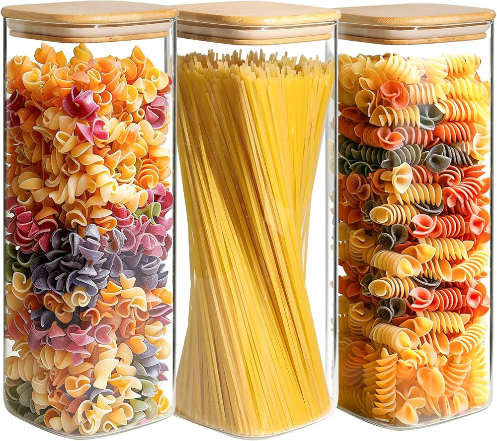 Food Storage Containers with Bamboo Lids, Tall Glass Storage Jar Set of 3 for Kitchen Pantry Orga... | Amazon (US)