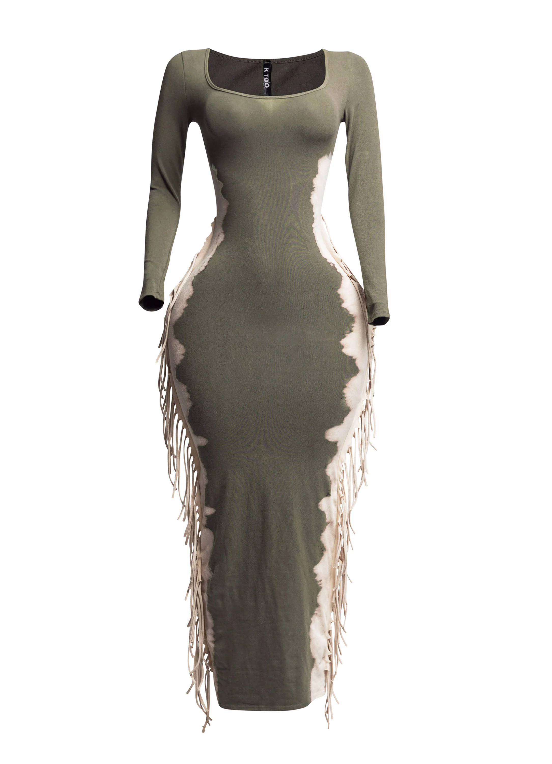 Bleached two tone colorway side fringe maxi dress | Bogomore