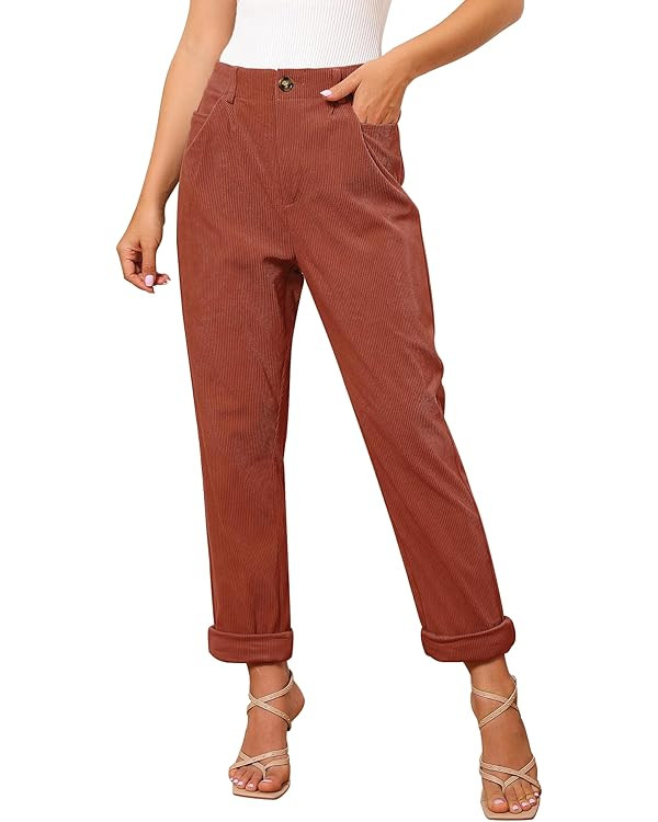 GRAPENT Corduroy Pleated Pants for Women Casual Stretchy High Waisted Straight Leg Trousers Loose... | Amazon (US)