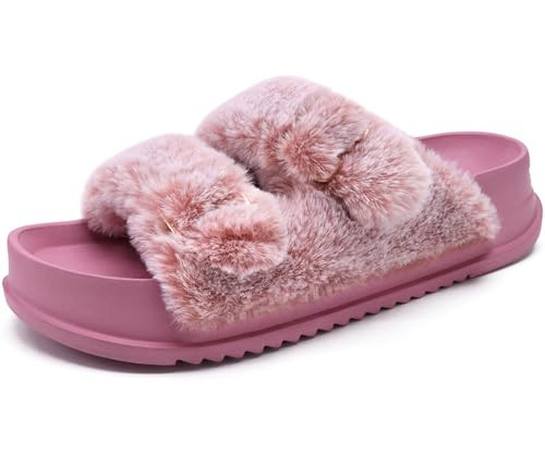 KuaiLu Women's Fluff Slippers Pink Size 12, Plantar Fasciitis Arch Support Platform Slippers Ladies Fashion Open Toe Faux Fur Sliders House Slipper | Amazon (US)