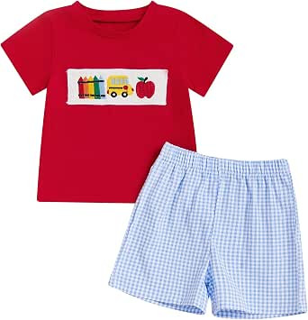 Boys Back To School Outfit Short Sleeve T-shirt and Plaid Shorts Summer Set | Amazon (US)