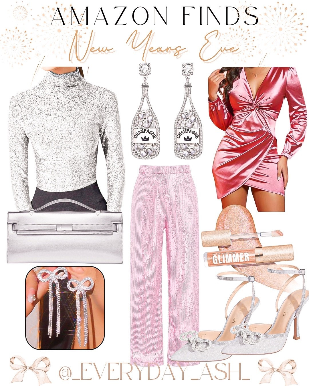 Amazon // NYE outfits 🎉

Silver top, sparkle pants, pink dress, sparkle heels, NYE accessories, now earrings, silver purse, Amazon fashion 

#LTKHoliday #LTKootd #LTKGiftGuide