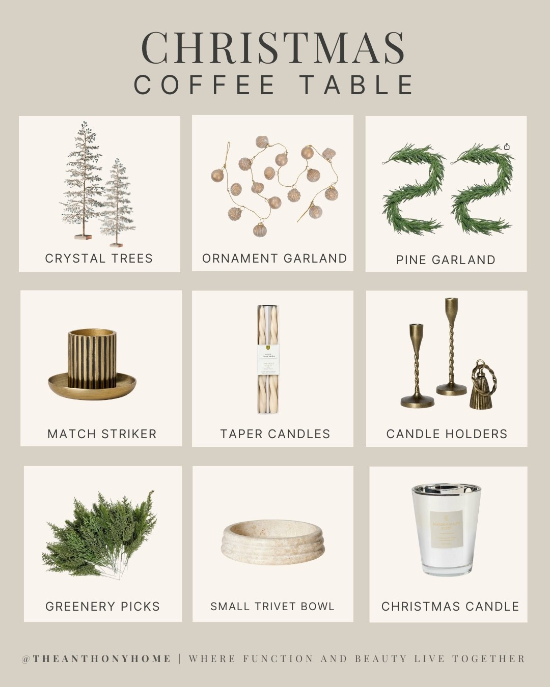 Christmas Coffee Table Staples 🎄
Everything I used to take our living room from everyday → holiday:
– Crystal trees
– Ornament garland
– Pine greenery picks
– Rolled garland for bowls + trays
– Brass candle holders
– Neutral taper candles
– Small trivet bowl (perfect layering piece)
– Christmas candle (scent matters)
– Match striker — useful + beautiful
If you’re decorating today, start with just one or two.
It doesn’t take much to make things feel festive. ✨
Tap to shop each item.

#LTKHoliday #LTKHome #LTKSeasonal