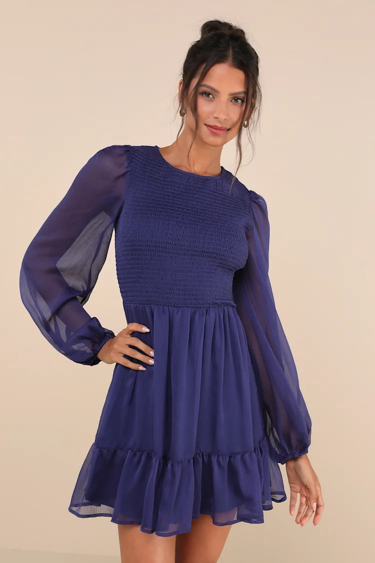 Simply the Sweetest Dark Blue Long Sleeve Smocked Mini Dress | Lulus