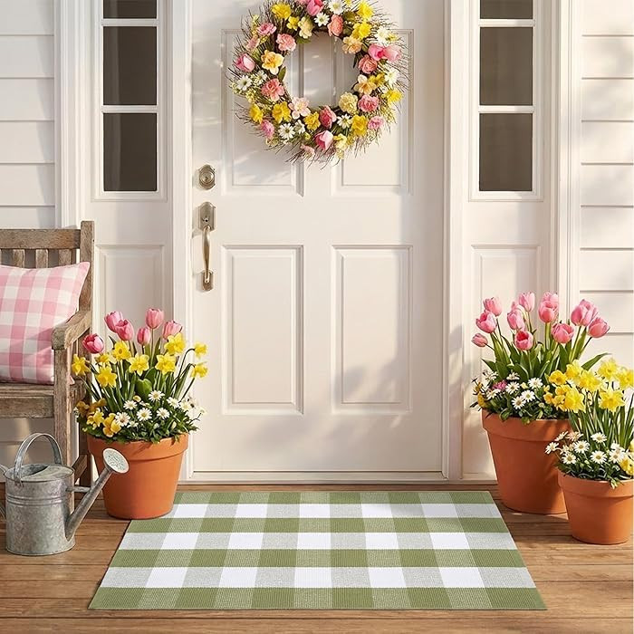 Spring Green and White Plaid Rug, 2'4" x 3'7" Cotton Blend Layered Doormat Rug for Front Door, Ha... | Amazon (US)