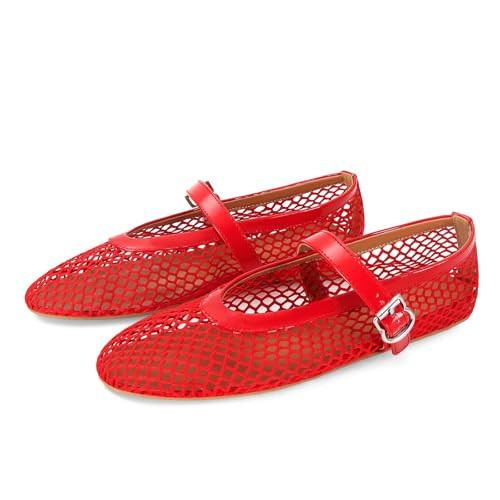 MICIFA Women's Mesh Ballet Flats Fishnet Ballerina Flats Buckle Strap Mary Jane Flats Causal Daily Dress Shoes Red | Amazon (US)