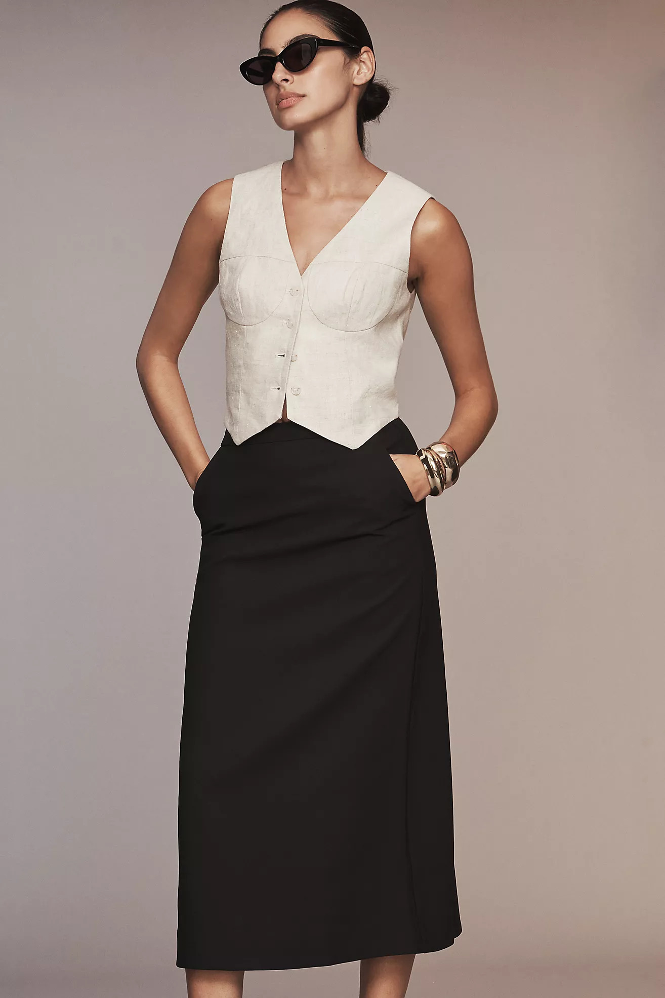 English Factory High-Rise Slim A-Line Midi Skirt | Anthropologie (US)