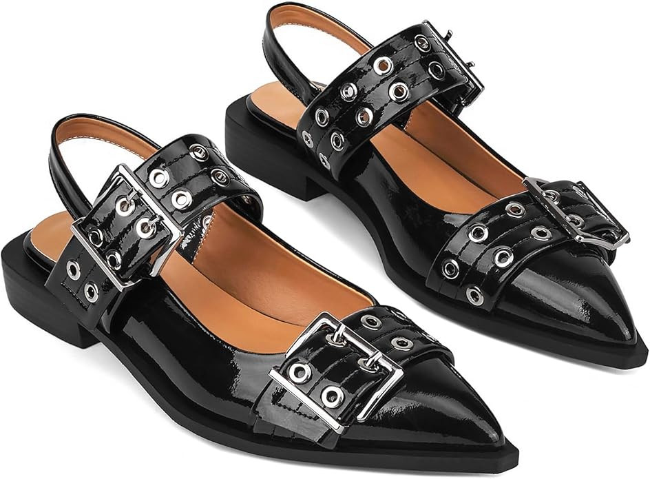 Wide Welt Buckle Ballet Flats for Women Slingback Flats Casual Ballerina Shoes Flat Squared Block... | Amazon (US)