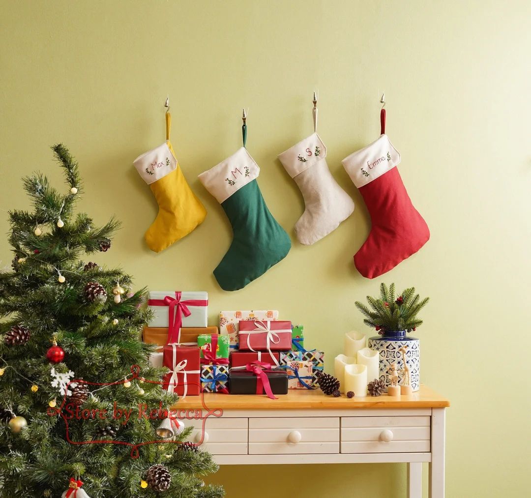 Linen Stocking Embroidered Stocking Boho Christmas Decor - Etsy | Etsy (US)
