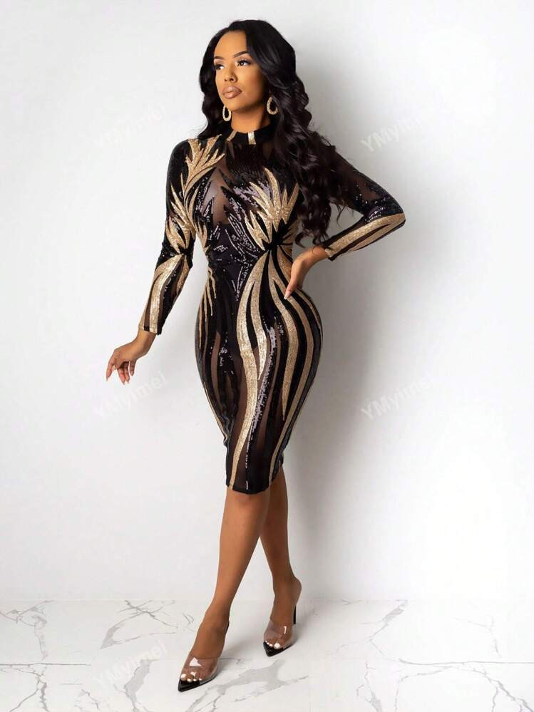 1pc Sequin Sheer Sexy Stand Collar Long Sleeve Dress Elegant Cocktail Semi Formal Prom Wedding Gu... | SHEIN