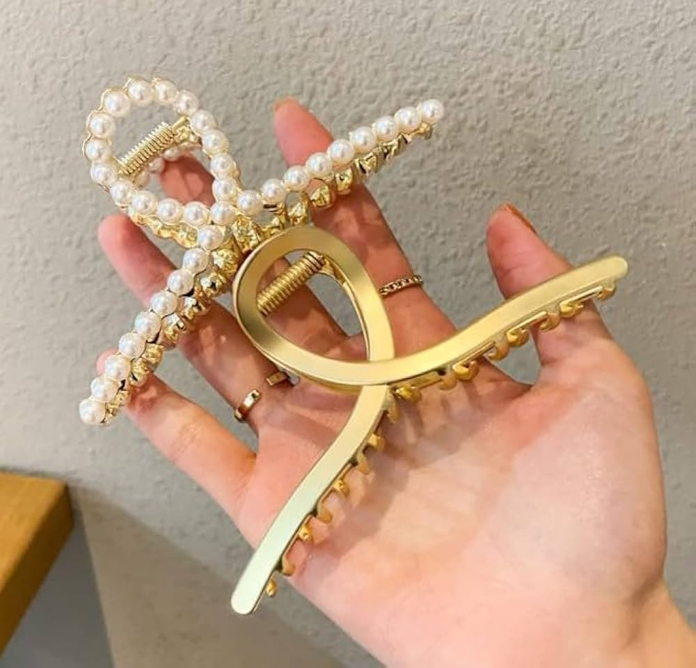 2 Pack Matte Gold and Pearl Hair Claws for Women: Large Metal Clips with Pearls for Thick Hair - ... | Amazon (US)