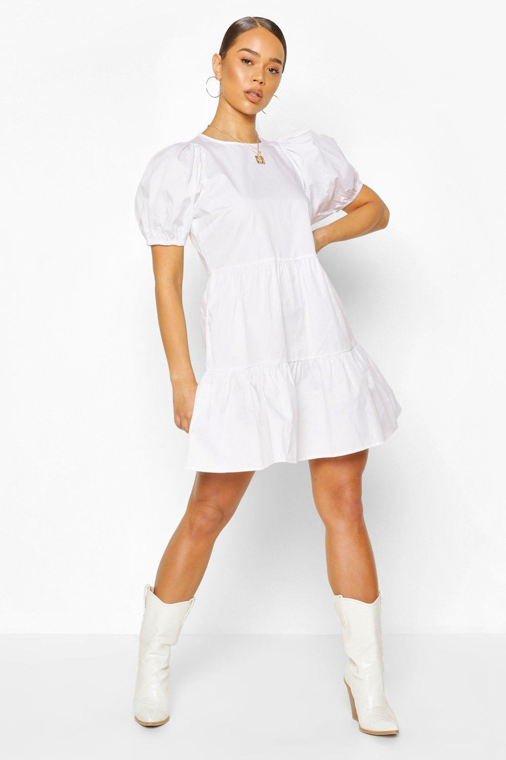 Womens Puff Sleeve Smock Dress - White - 6 | Boohoo.com (US & CA)