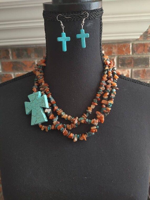 Chunky large  necklace set Earrings to match. 18" long 2" extender   Cross pendant is 2" chip mag... | Etsy (US)
