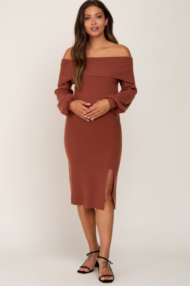Rust Off Shoulder Maternity Sweater Dress | PinkBlush Maternity
