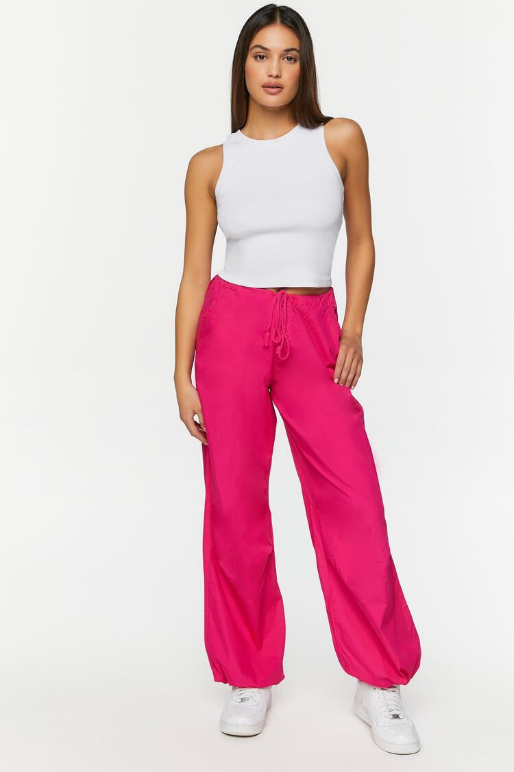 Women's Drawstring Low-Rise Parachute Pants in Hot Pink Large | Forever 21 (US)