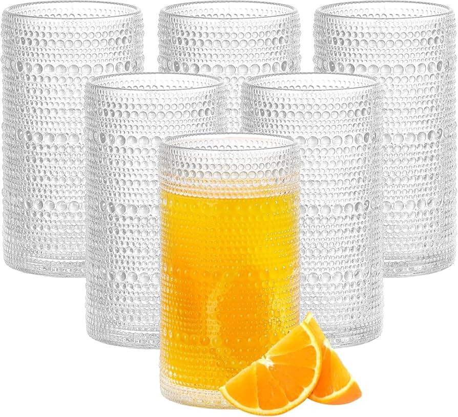 16oz Hobnail Drinking Glasses Set of 6, Vintage Large Capacity Embossed Clear Tumblers, Highball ... | Amazon (US)