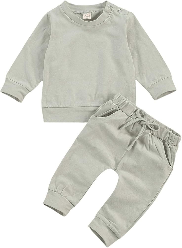 Toddler Baby Boy Girl Long Sleeve Solid Color T-Shirt Sweatshirt Top + Pant Trousers Casual Clothes | Amazon (US)