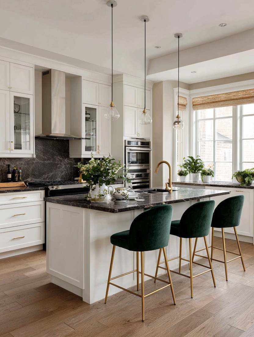 Want to know one of the easiest designer tricks for creating a cohesive kitchen?

Use the Rule of Two.

When an element appears more than once in a room, the space instantly feels intentional and pulled together.

In this kitchen, the gorgeous emerald velvet barstools are paired beautifully with the gold faucet and gold accents throughout the space. The repeating gold tones create harmony, while the rich emerald green adds depth, personality, and understated luxury.

And let's talk about velvet.

Most materials in a kitchen are naturally hard—stone countertops, wood cabinetry, tile backsplashes, metal appliances, and glass lighting. Velvet introduces something different.

Softness.

It brings comfort, warmth, and texture to a room filled with hard surfaces. It makes the kitchen feel less like a workspace and more like a place where people gather, linger, and connect.

At Elegant & Driven, we often say that color doesn't have to come from paint.

Sometimes all it takes is a beautiful set of barstools.

✨ Emerald velvet seating
✨ Gold accents repeated throughout the room
✨ Soft textures balanced with stone and wood
✨ A kitchen that feels both elegant and welcoming

Create the look with one statement piece, then repeat an accent color or finish throughout the room to tie everything together.

That's the magic of the Rule of Two.

#KitchenDecor #ElegantAndDriven #VelvetBarstools #KitchenDesign #GoldAccents 

 #LTKHome