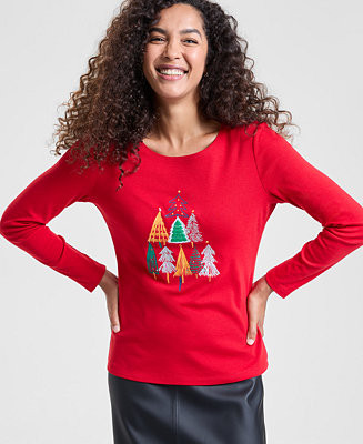Holiday Lane Women's Festive Trees Long-Sleeve Top, S-4X, Macy's Exclusive - Macy's | Macy's