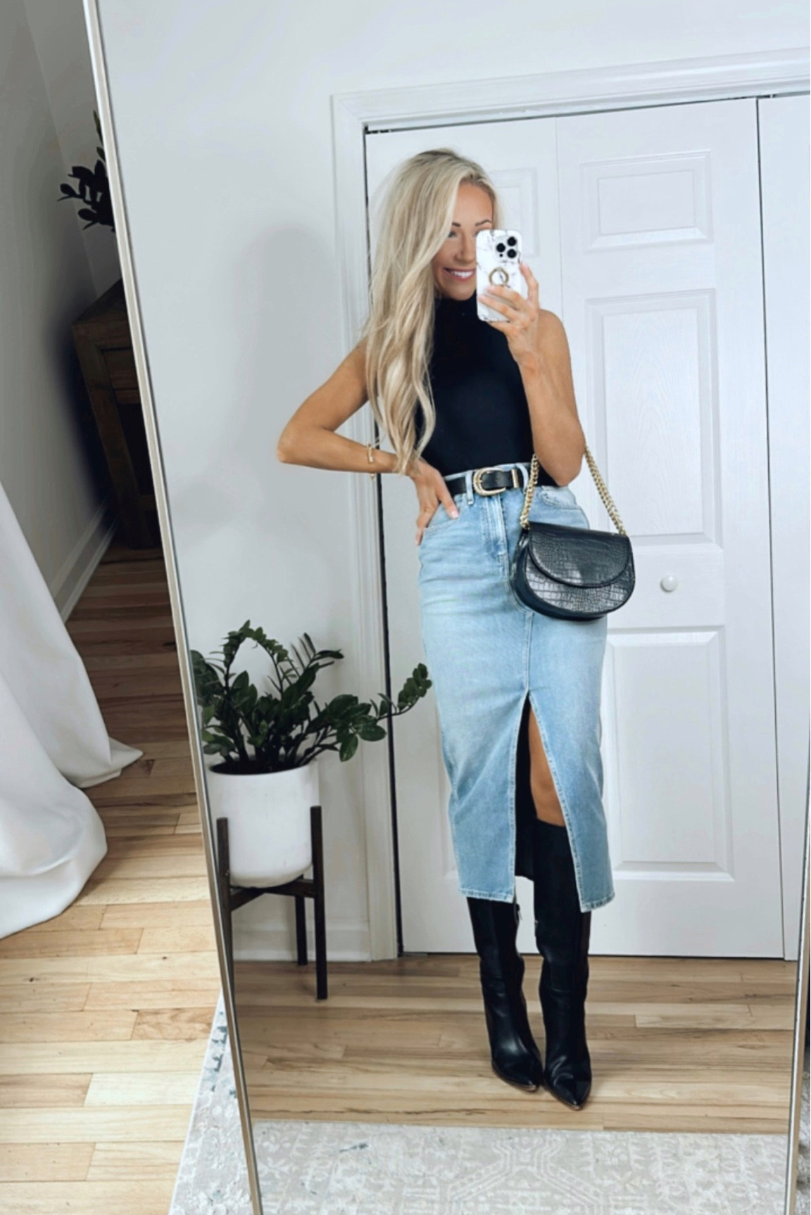 Denim midi skirt outfit (my exact skirt is sold out, linking similar options below!)