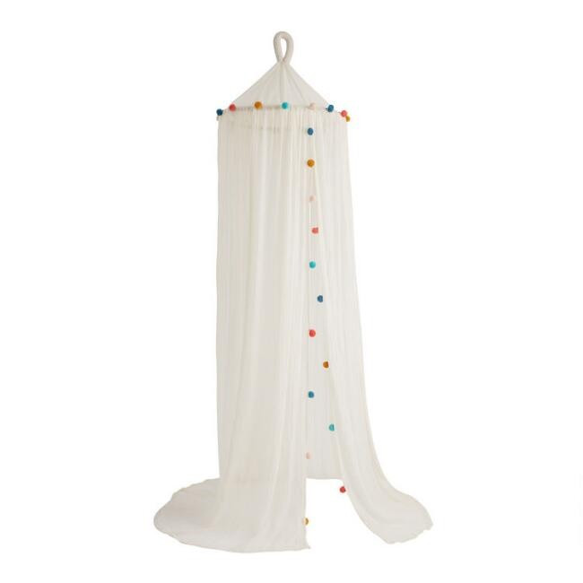 White Indian Cotton Gauze Canopy With Pom Poms | World Market