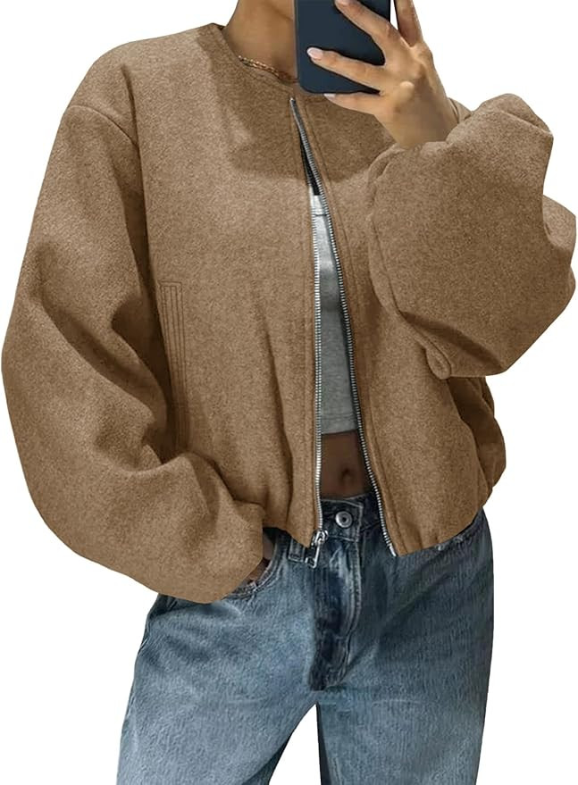 Tankaneo Womens Cropped Bomber Jackets Trendy Casual Collarless Pea Coat Zip Up Fall Short Jacket | Amazon (US)