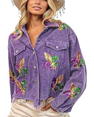 happlan Women's Sequin Embroidery Cropped Frayed Hem Vintage Washed Corduroy Jacket Coat Shacket ... | Amazon (US)
