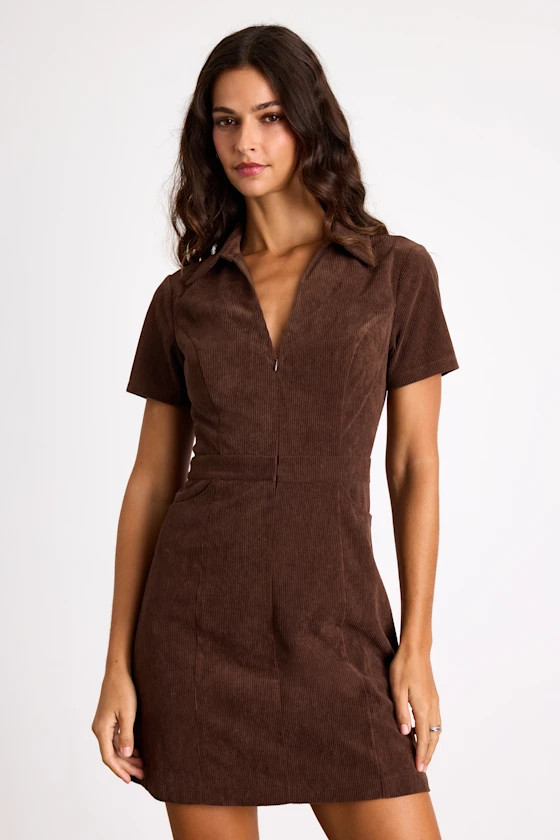 Go-Getter Girl Brown Corduroy Mini Dress With Pockets | Lulus
