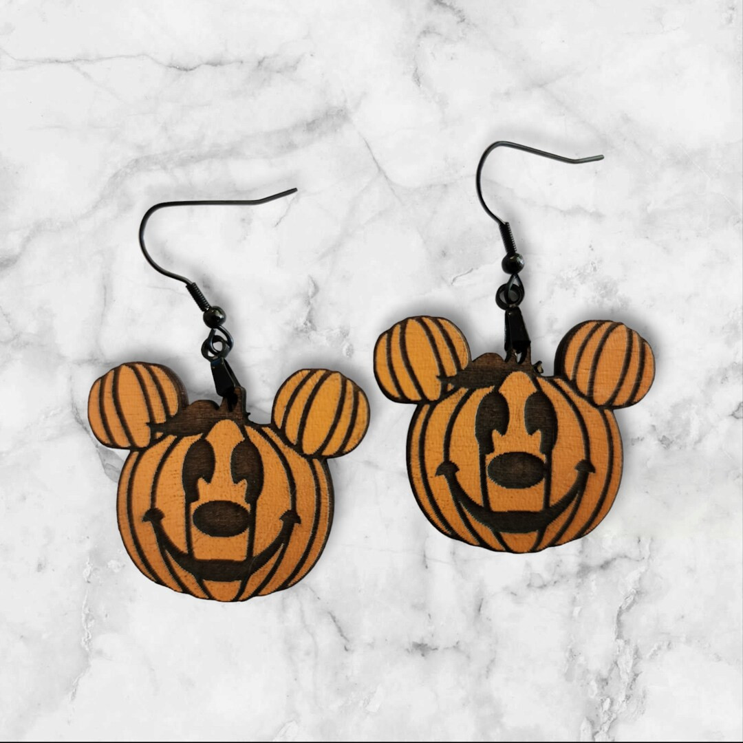 Pumpkin Mickey Disney Halloween Mouse Engraved Wood Earrings - Etsy | Etsy (US)