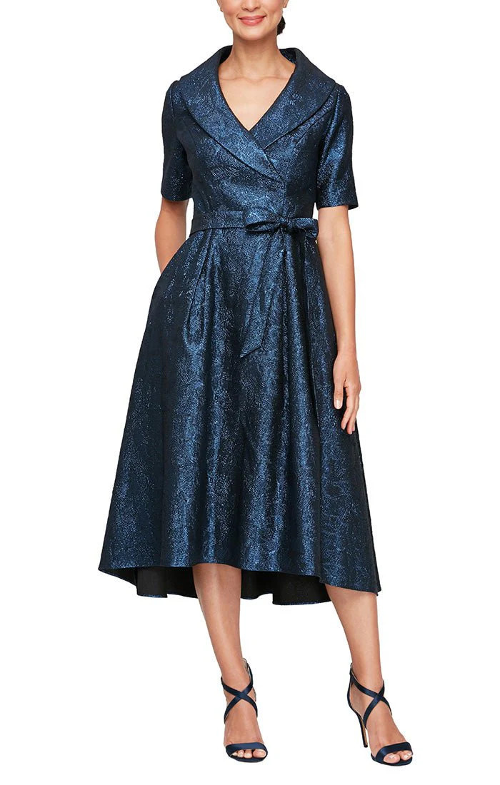 Short Portrait Collar Stretch Jacquard Party Dress with Elbow Sleeves &amp; Tie Waist | Alex Evenings